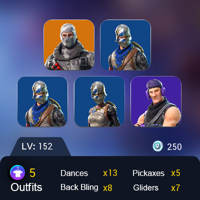 5 skins (can link all platform) Blue Squire | Royale Knight | Sub Commander | Havoc | Rust Bucket | Instigator | Snowflake | Zoe Clash