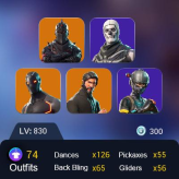 74 SKINS, BLACK KNIGHT, THE REAPER, SPARKLE SPECIALIST, ROYALE KNIGHT, ELITE AGENT, TAKE THE L, MAKO, BLUE SQUIRE, OMEGA AND OTHER