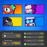 52 Brawlers / 17882 trophées / total skins - 10 / Jewel 274 / Android + iOS / vous pouvez changer votre email / livraison instantanée / * bs198