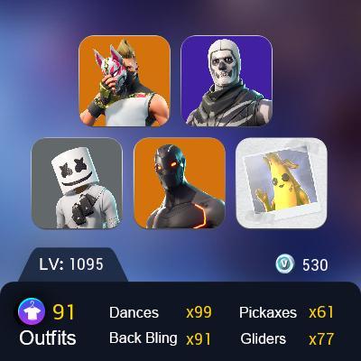 account fortnite 25 legendary skin, 41 epic skins, 12 rare skins, 6 uncommon skins