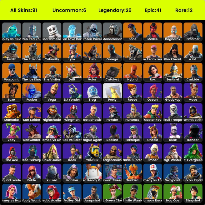 account fortnite 25 legendary skin, 41 epic skins, 12 rare skins, 6 uncommon skins