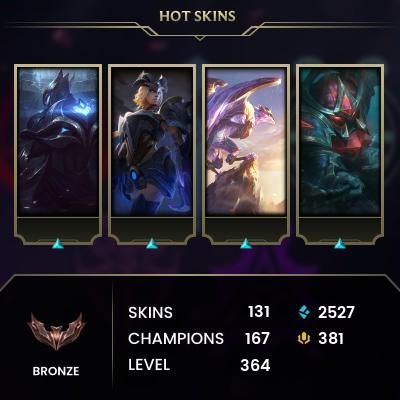 [LAS] > Bronze III (0 LP) > 364 Level > 167 Champ > 131 Skins > 2527 BE > 381 RP > 24/7 Instant Delivery > No Access Mail > Read Description