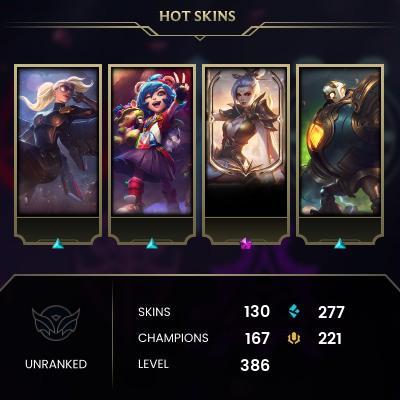 [LAS] > Unranked > 384 Level > 166 Champ > 131 Skins > 2667 BE > 221 RP > 24/7 Instant Delivery > No Access Mail > Read Description