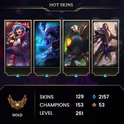 [LAS] > Gold I (0 LP) > 261 Level > 153 Champ > 131 Skins > 1097 BE > 53 RP > 24/7 Instant Delivery > No Access Mail > Read Description