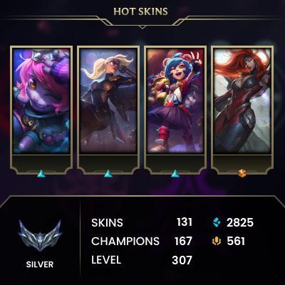 [LAN] > Silver IV (0 LP) > 307 Level > 167 Champ > 131 Skins > 2825 BE > 561 RP > 24/7 Instant Delivery > No Access Mail > Read Description