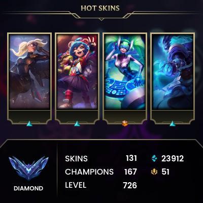 [LAN] > Diamond IV (0 LP) > 724 Level > 167 Champ > 131 Skins > 21552 BE > 51 RP > 24/7 Instant Delivery > No Access Mail > Read Description