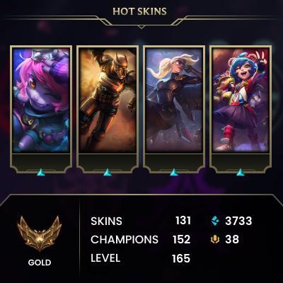 [EUNE] > Gold I (60 LP) > 165 Level > 152 Champ > 131 Skins > 3733 BE > 38 RP > 24/7 Instant Delivery > No Access Mail > Read Description