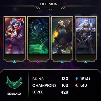 [LAS] > Emerald II (59 LP) > 428 Level > 163 Champ > 130 Skins > 18141 BE > 510 RP > 24/7 Instant Delivery > No Access Mail > Read Description