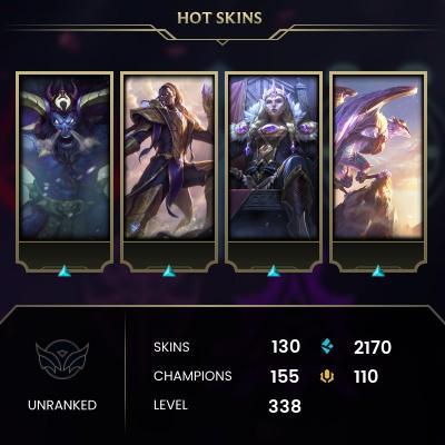 [LAS] > Unranked > 338 Level > 155 Champ > 130 Skins > 2170 BE > 110 RP > 24/7 Instant Delivery > No Access Mail > Read Description