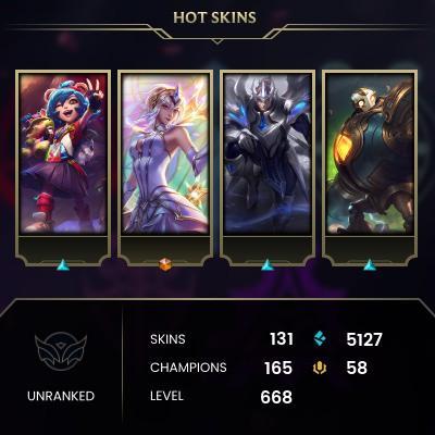 [LAS] > Unranked > 668 Level > 165 Champ > 130 Skins > 5077 BE > 58 RP > 24/7 Instant Delivery > No Access Mail > Read Description