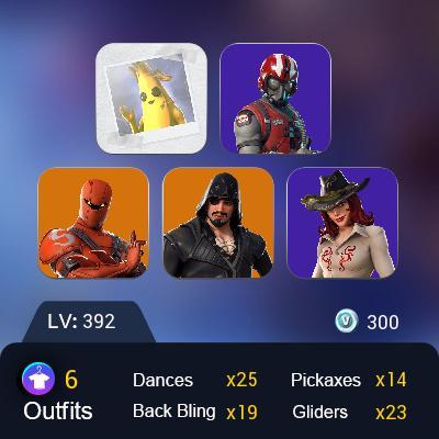 FULL ACCESS | ORANGE JUSTICE | TAKE THE ELF | WINGMAN | HOT MARAT | HEARTSPAN | KEEP IT MELLO | 6 SKINS | 16 BACKPACKS | 14 PICKAXES | 25 EMOTES