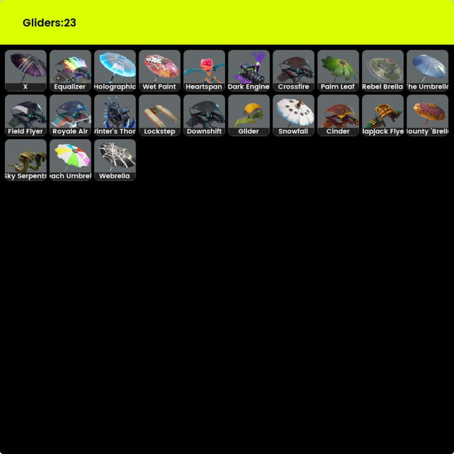 FULL ACCESS | ORANGE JUSTICE | TAKE THE ELF | WINGMAN | HOT MARAT | HEARTSPAN | KEEP IT MELLO | 6 SKINS | 16 BACKPACKS | 14 PICKAXES | 25 EMOTES