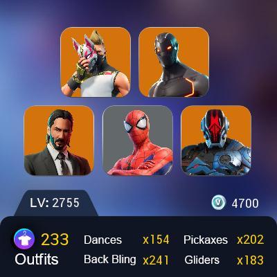 JOHN WICK + DUMMY SUPREME + GOLD MIDAS + 4700VB + OMEGA + FROSTBITE / PVP-LVL 2755 Glider : 183 Skins : 233 Backpack : 228 Pickaxe : 202