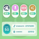 Level 50, 6 Legendary IV100%, 182 Pokemon IV100%, 252 Shiny, 416 Legendary