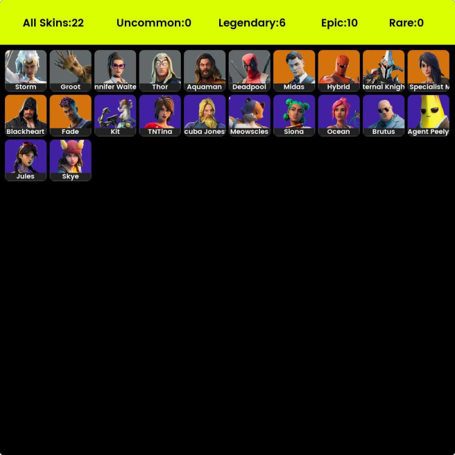 [PC] 22 skins | Gold Midas | Fade | Gear Specialist Maya | Eternal Knight | Blackheart | Hybrid | Jennifer Walters | Thor | Groot | Deadpool | 