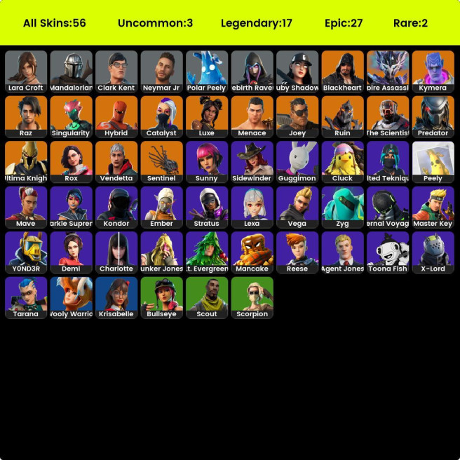 [PC/XBOX] 56 skins | Scout| Predator | Spire Assassin | Vendetta | Singularity | Raz | Hybrid | The Scientist | Joey | Luxe | Kymera  | 850 VB