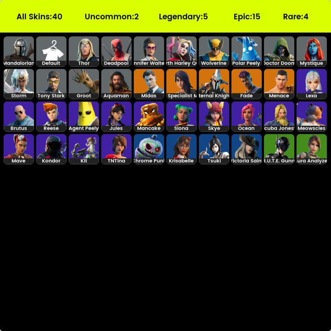 [PC/XBOX] 39 skins | Gold Midas | Gear Specialist Maya | Eternal Knight | Menace | Fade | Mandalorian | Wolverine | Storm | LIFE TIME WARRANTY