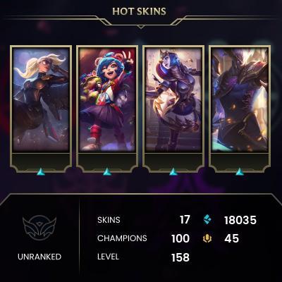 EMAIL CHANGEABLE - EUNE - 100 CHAMPIONS - 17 Skins - 18035 BE - HAND LEVELED - INACTIVE - SAFE 100% - WARRANTY - ULTRA RARE SKINS