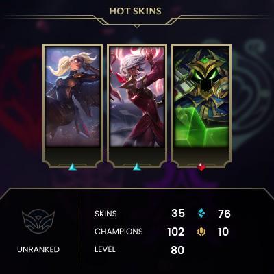 EMAIL CHANGEABLE - EUNE - 102 CHAMPIONS - 35 Skins - 76 BE - HAND LEVELED - INACTIVE - SAFE 100% - WARRANTY - ULTRA RARE SKINS