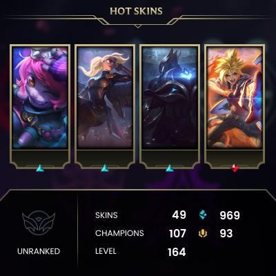 EMAIL CHANGEABLE - EUNE - 107 CHAMPIONS - 49 Skins - 969 BE - HAND LEVELED - INACTIVE - SAFE 100% - WARRANTY - ULTRA RARE SKINS
