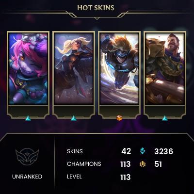 EMAIL CHANGEABLE - EUNE - 113 CHAMPIONS - 42 Skins - 3236 BE - HAND LEVELED - INACTIVE - SAFE 100% - WARRANTY - ULTRA RARE SKINS