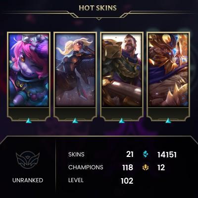 EMAIL CHANGEABLE - EUNE - 118 CHAMPIONS - 21 Skins - 14151 BE - HAND LEVELED - INACTIVE - SAFE 100% - WARRANTY - ULTRA RARE SKINS
