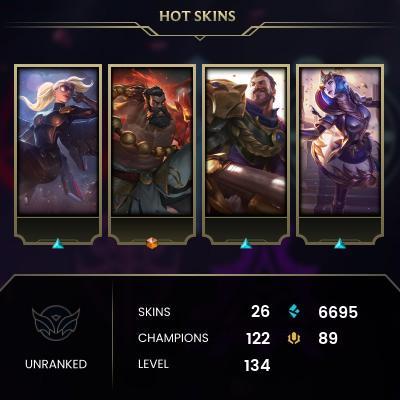 EMAIL CHANGEABLE - EUNE - 122 CHAMPIONS - 26 Skins - 6695 BE - HAND LEVELED - INACTIVE - SAFE 100% - WARRANTY - ULTRA RARE SKINS