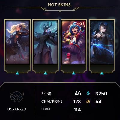 EMAIL CHANGEABLE - EUNE - 123 CHAMPIONS - 46 Skins - 3250 BE - HAND LEVELED - INACTIVE - SAFE 100% - WARRANTY - ULTRA RARE SKINS