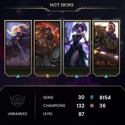 EMAIL CHANGEABLE - EUNE - 132 CHAMPIONS - 30 Skins - 8154 BE - HAND LEVELED - INACTIVE - SAFE 100% - WARRANTY - ULTRA RARE SKINS