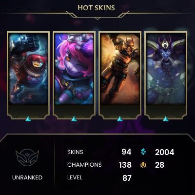 EMAIL CHANGEABLE - EUNE - 138 CHAMPIONS - 94 Skins - 2004 BE - HAND LEVELED - INACTIVE - SAFE 100% - WARRANTY - ULTRA RARE SKINS