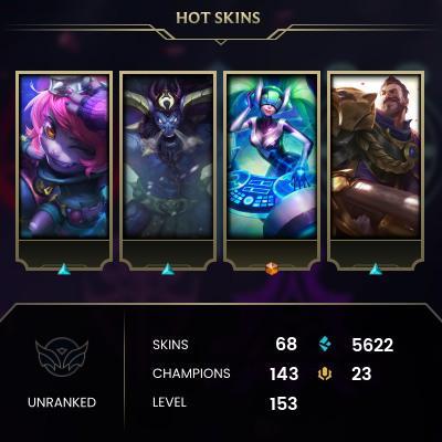 EMAIL CHANGEABLE - EUNE - 143 CHAMPIONS - 68 Skins - 5622 BE - HAND LEVELED - INACTIVE - SAFE 100% - WARRANTY - ULTRA RARE SKINS