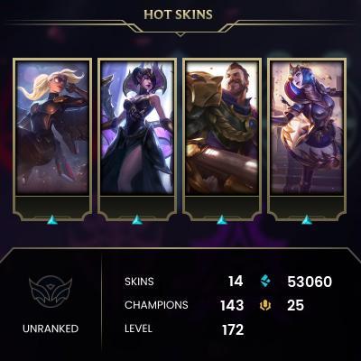 EMAIL CHANGEABLE - EUNE - 143 CHAMPIONS - 14 Skins - 53060 BE - HAND LEVELED - INACTIVE - SAFE 100% - WARRANTY - ULTRA RARE SKINS