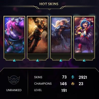 EMAIL CHANGEABLE - EUNE - 146 CHAMPIONS - 73 Skins - 2921 BE - HAND LEVELED - INACTIVE - SAFE 100% - WARRANTY - ULTRA RARE SKINS