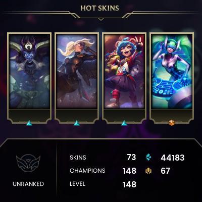 EMAIL CHANGEABLE - EUNE - 148 CHAMPIONS - 73 Skins - 44183 BE - HAND LEVELED - INACTIVE - SAFE 100% - WARRANTY - ULTRA RARE SKINS