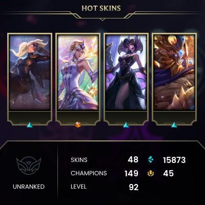 EMAIL CHANGEABLE - EUNE - 149 CHAMPIONS - 48 Skins - 15873 BE - HAND LEVELED - INACTIVE - SAFE 100% - WARRANTY - ULTRA RARE SKINS