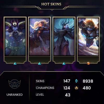 EMAIL CHANGEABLE - EUW - 124 CHAMPIONS - 147 Skins - 8938 BE - HAND LEVELED - INACTIVE - SAFE 100% - WARRANTY - ULTRA RARE SKINS
