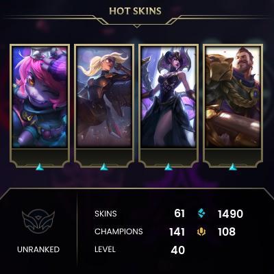 EMAIL CHANGEABLE - EUW - 141 CHAMPIONS - 61 Skins - 1490 BE - HAND LEVELED - INACTIVE - SAFE 100% - WARRANTY - ULTRA RARE SKINS