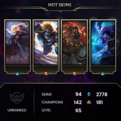 EMAIL CHANGEABLE - EUW - 142 CHAMPIONS - 94 Skins - 2778 BE - HAND LEVELED - INACTIVE - SAFE 100% - WARRANTY - ULTRA RARE SKINS