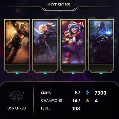 EMAIL CHANGEABLE - EUW - 147 CHAMPIONS - 87 Skins - 7309 BE - HAND LEVELED - INACTIVE - SAFE 100% - WARRANTY - ULTRA RARE SKINS
