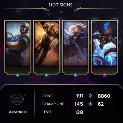 EMAIL CHANGEABLE - EUW - 145 CHAMPIONS - 191 Skins - 8860 BE - HAND LEVELED - INACTIVE - SAFE 100% - WARRANTY - ULTRA RARE SKINS