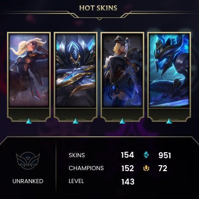 EMAIL CHANGEABLE - EUW - 152 CHAMPIONS - 154 Skins - 951 BE - HAND LEVELED - INACTIVE - SAFE 100% - WARRANTY - ULTRA RARE SKINS