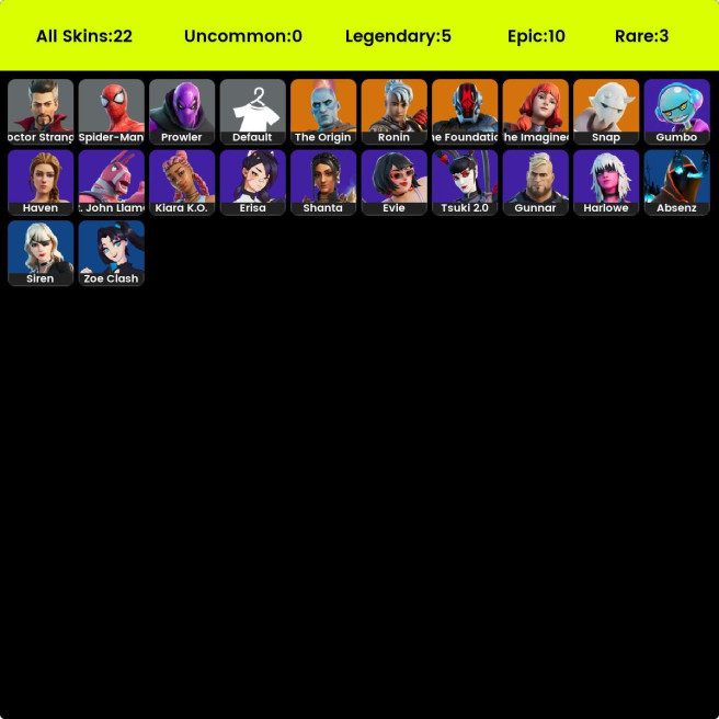 [PC] 21 skins | Snap | The Foundation | The Origin | Ronin | The Imagined | Prowler | Doctor Strange | Spider-Man | Shanta | Evie | 350 VB