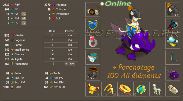 orukam : panoplie Chance / Air lvl 160 bon jet + Parchotage all elements - delivery time 5 minutes