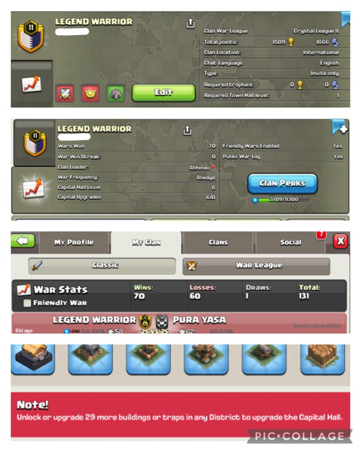 Clan Name- LEGEND WARRIOR/ Level-(11.5)/CAPITAL HALL-ALMOST LEVEL 7/Perfect English Name With Cheap & Affordable Price!!IOS& ANDROID!