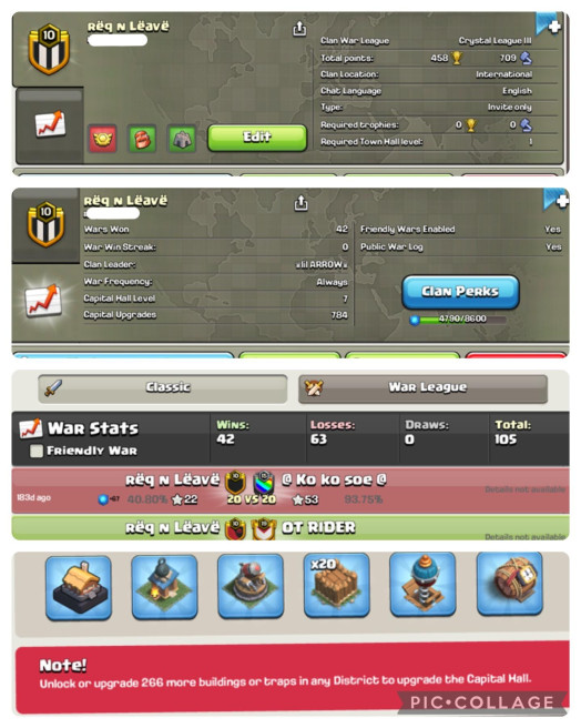 RARE Clan Name-Req N Leave/Level-(10.7/LEAGUE - Crystal 3/CAPITAL HALL-ALMOST LEVEL 8/Cheap & Affordable Price!!IOS& ANDROID!!
