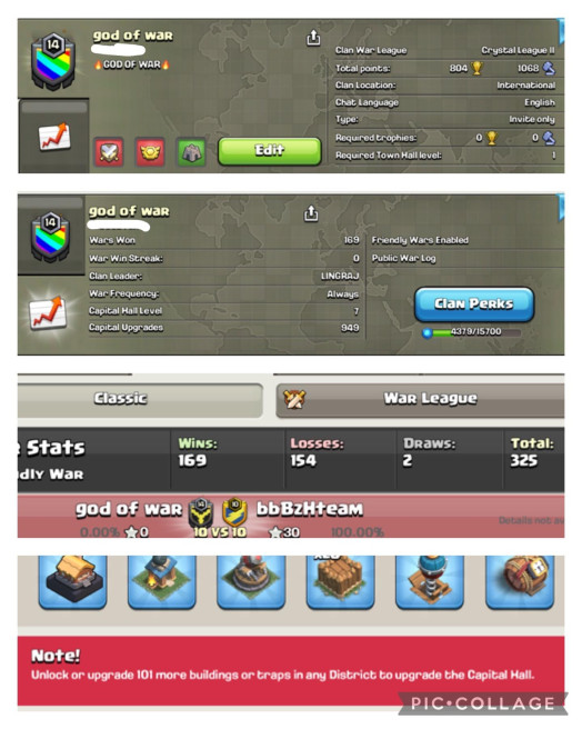 Clan Name- GOD OF WAR / Level-(14.5)/LEAGUE - Crystal 2/CAPITAL HALL-ALMOST LEVEL 8/Perfect English Name With Cheap & Affordable Price!!IOS& ANDROID!!
