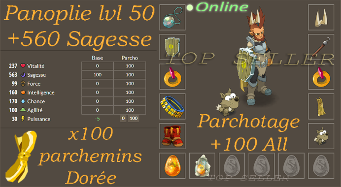 Panoplie +560 sagesse lvl ( 50 -120 ) + Parchotage 100 All elements + 100 parchemins doree + 5.000.000 Kamas+ Top bonus - livraison 5 minutes