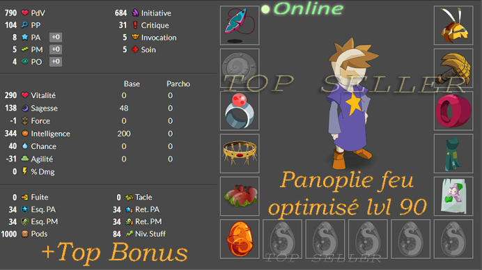 boune : Panoplie feu Opti lvl 90 + Top Bonus - Delivery time ==> 5 minutes