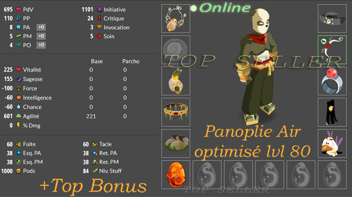 panoplie Agilite opti lvl 80 + Top Bonus - livraison 5 minutes
