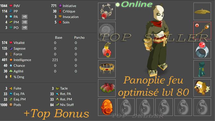 panoplie feu opti lvl 80 + Parchotage +101 intelligence + Top Bonus - livraison 5 minutes